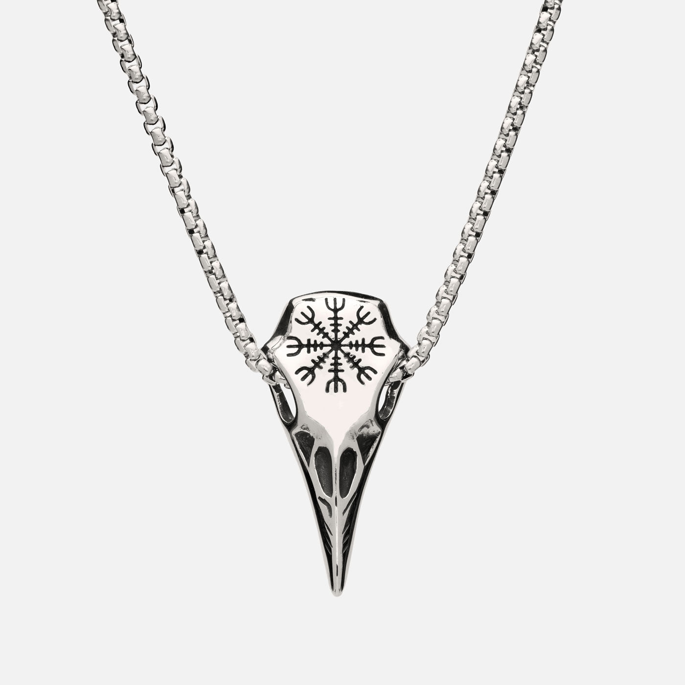 Silver raven skull necklace with Helm of Awe symbol on box chain – Norse Viking jewelry