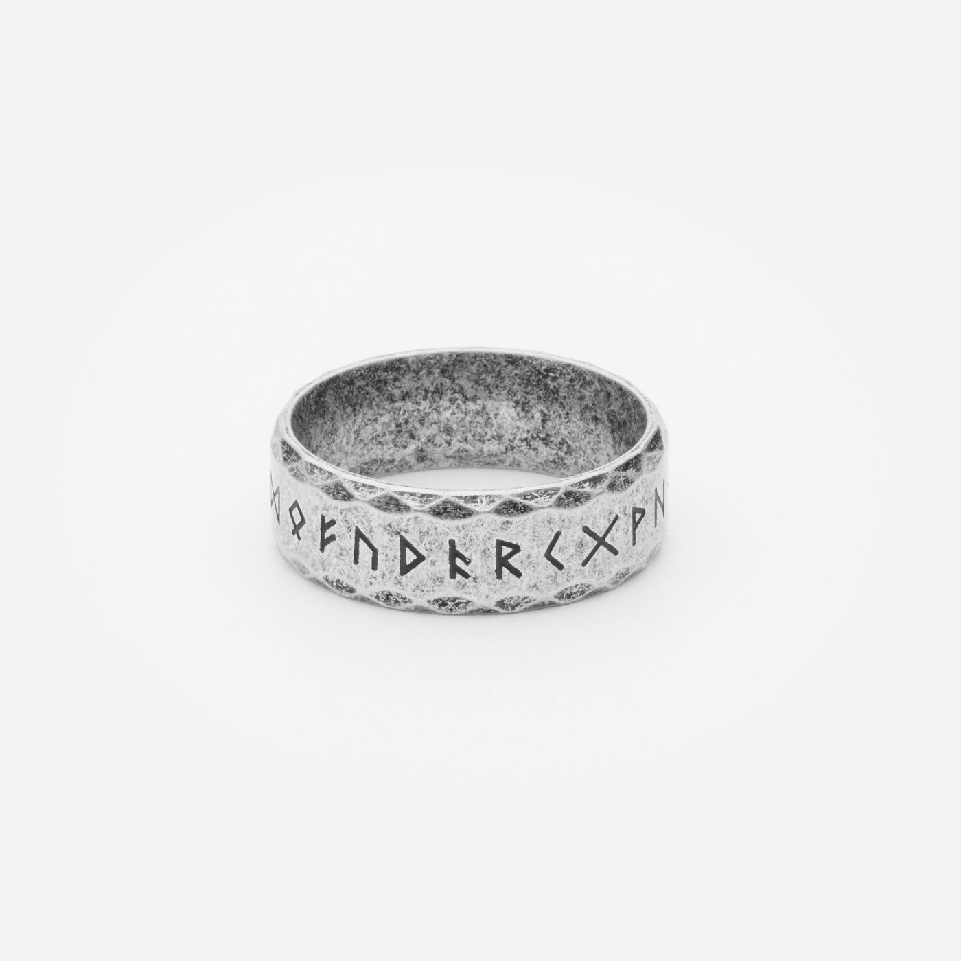 Retro Viking Rune Ring – Stainless steel ring with a weathered silver finish, engraved with the complete Elder Futhark runic alphabet, a powerful symbol of Norse mythology and heritage.