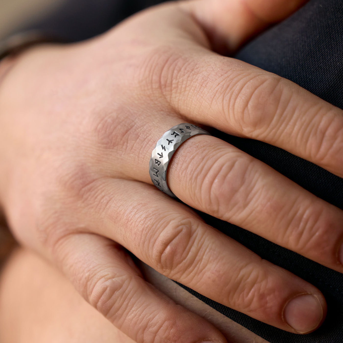 Silver Viking Rune Ring – A polished stainless steel ring featuring the full Elder Futhark runic alphabet, embodying the timeless wisdom and strength of Norse heritage.
