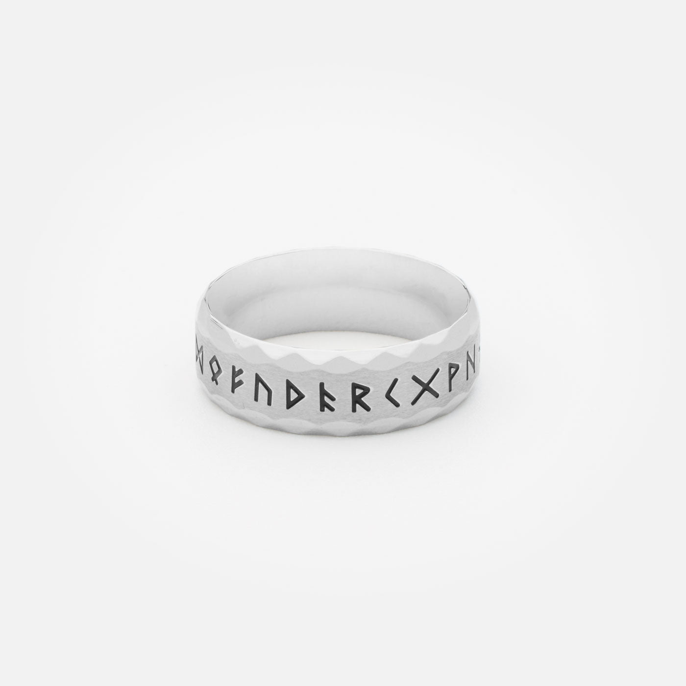 Silver Viking Rune Ring – Polished stainless steel ring with a sleek silver finish, engraved with the full Elder Futhark runic alphabet, representing Norse wisdom and protection.