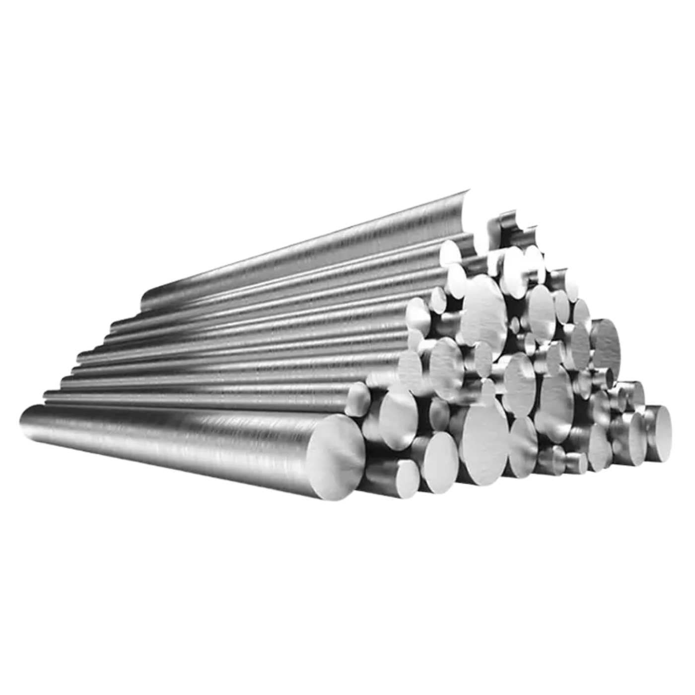 A stack of stainless steel bars in various diameters, showcasing their sleek, polished surface and metallic texture.