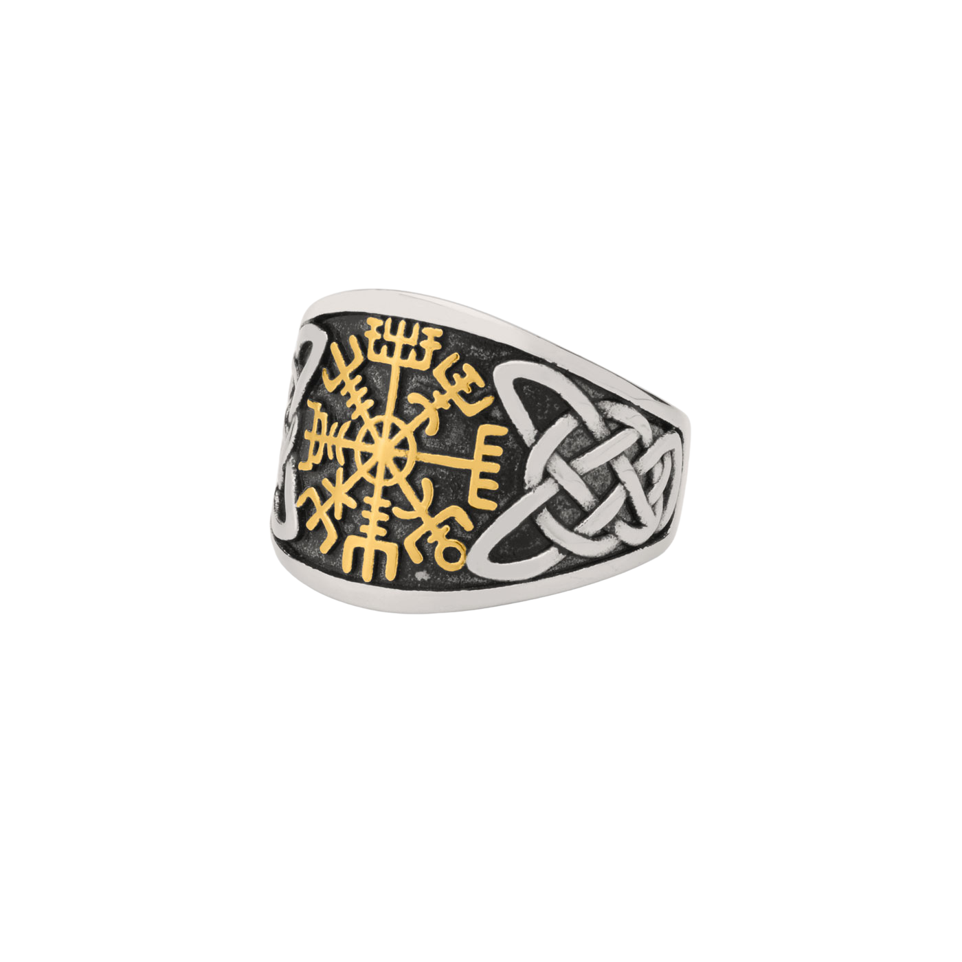 Vegvisir Ring featuring intricate designs with a bold yellow Vegvisir symbol and Celtic knotwork details, showcasing a unique fusion of Nordic and Celtic styles.