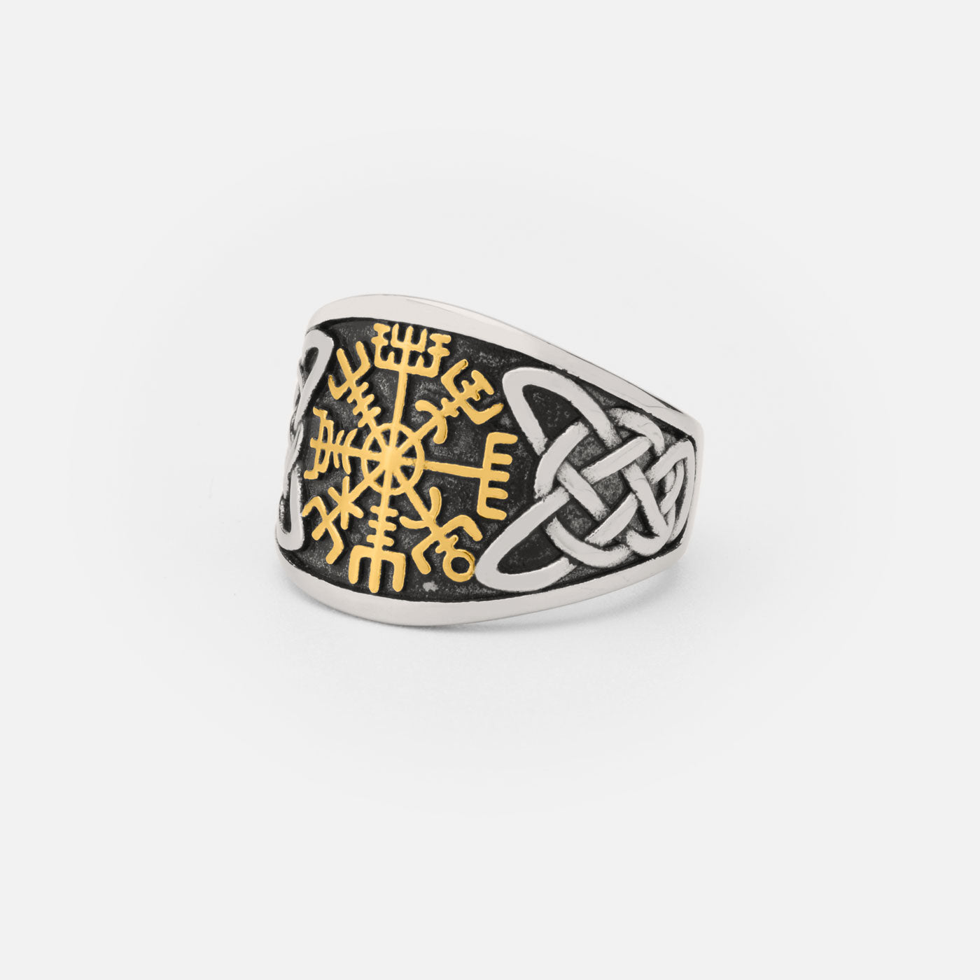 Vegvisir ring featuring a prominent Elder Futhark runic design with golden detailing, framed by a Celtic knot pattern, symbolizing protection and guidance. A powerful piece from Odin Trinkets for those seeking strength and direction.