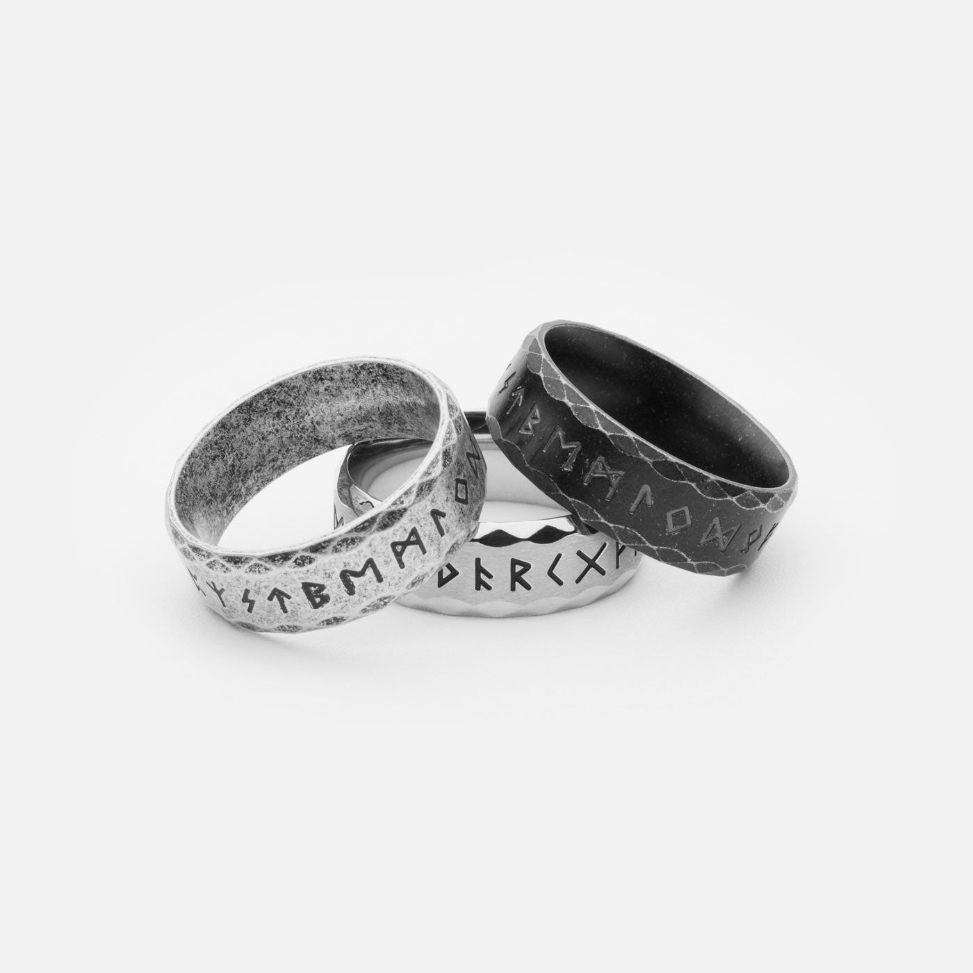 Viking Rune Rings Set – A trio of Elder Futhark rune rings in Silver, Retro, and Antique finishes, each crafted from stainless steel to embody the power and mystery of Norse heritage.