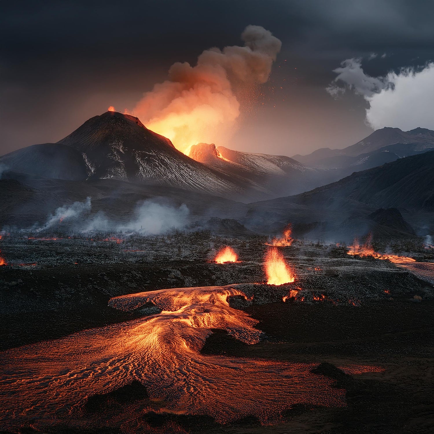 A fiery volcanic landscape inspired by the mythical realm of Muspelheim, featuring erupting volcanoes, glowing lava flows, and thick smoke under a dramatic dark sky, symbolizing the realm of fire and destruction in Norse mythology.