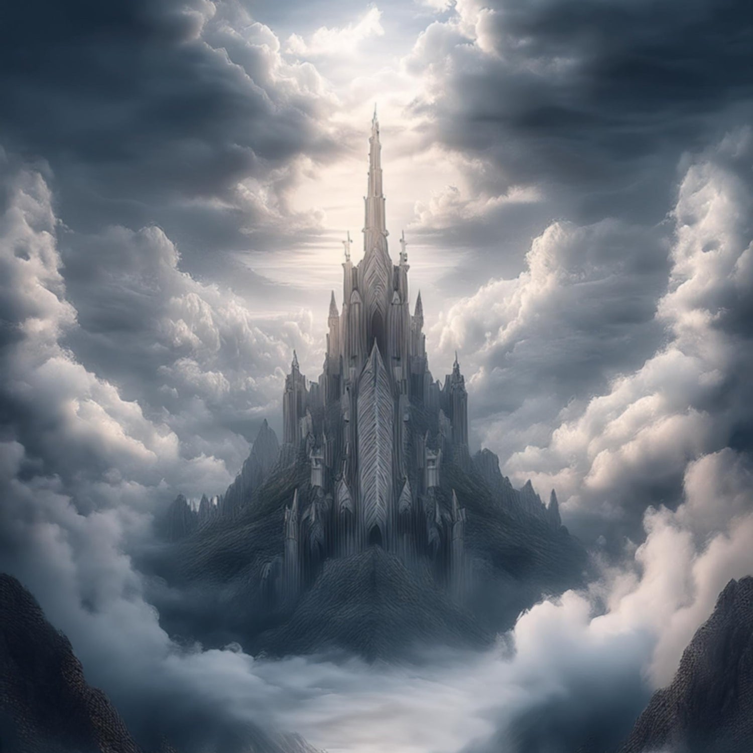 A majestic castle towering above the clouds, representing Asgard, the celestial realm of the gods in Norse mythology. The ethereal light and dramatic skies emphasize its divine and mythical nature.