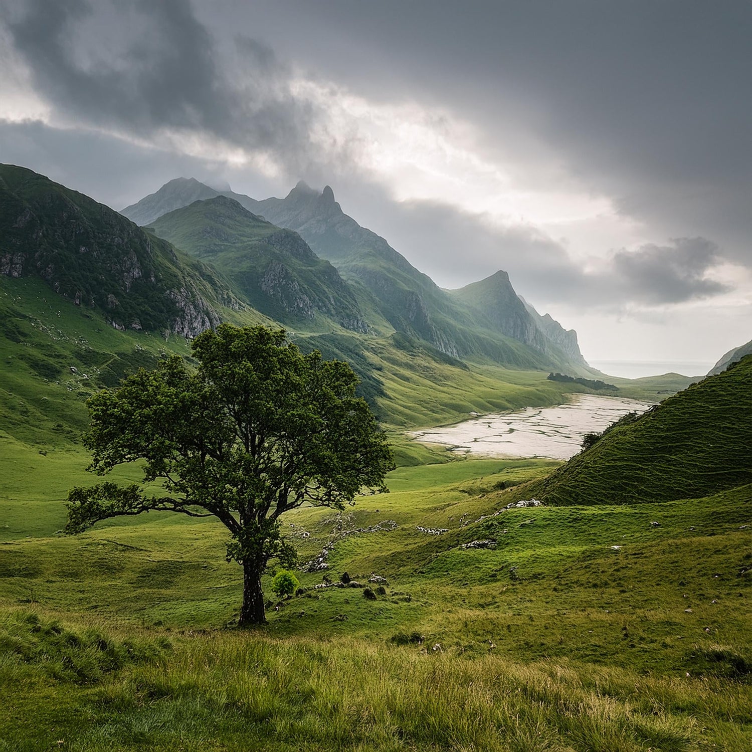 A serene and lush green valley in Midgard, representing the realm of humans in Norse mythology. The landscape features a solitary tree, rolling hills, and distant mountains under a dramatic sky.