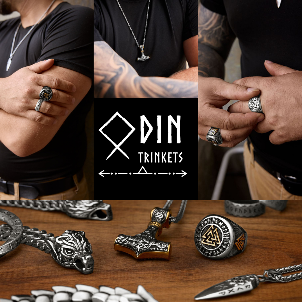 Collage showcasing Viking-inspired jewelry by Odin Trinkets, including a Mjölnir necklace, detailed rune rings, and dragon-themed bracelets, along with the brand's logo prominently displayed in the center.