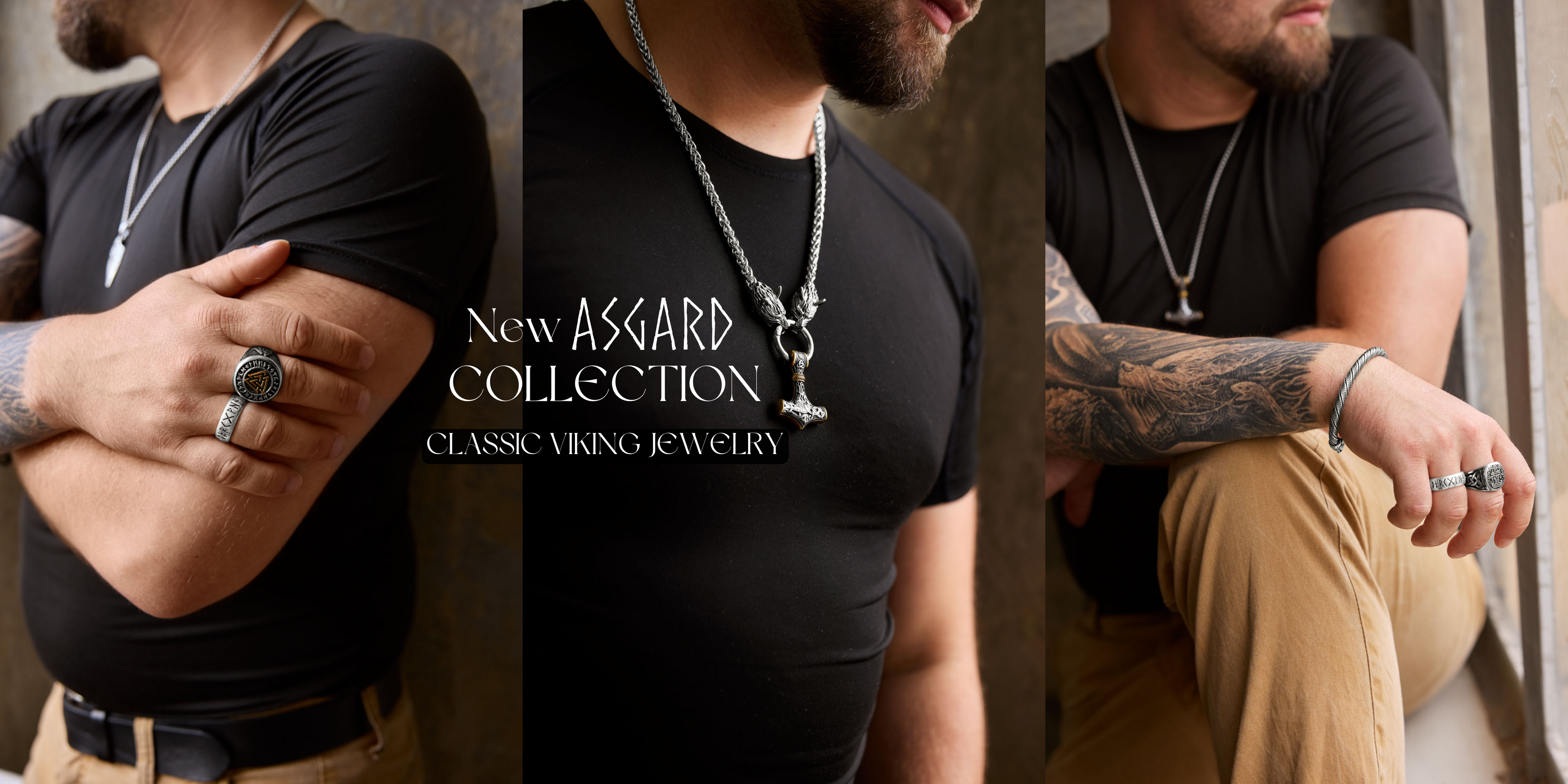 New Asgard Collection – Classic Viking Jewelry featuring Norse-inspired rings, bracelets, and Mjolnir (Thor's Hammer) necklaces. Men's Viking jewelry collection, showcasing Nordic symbols and runes.