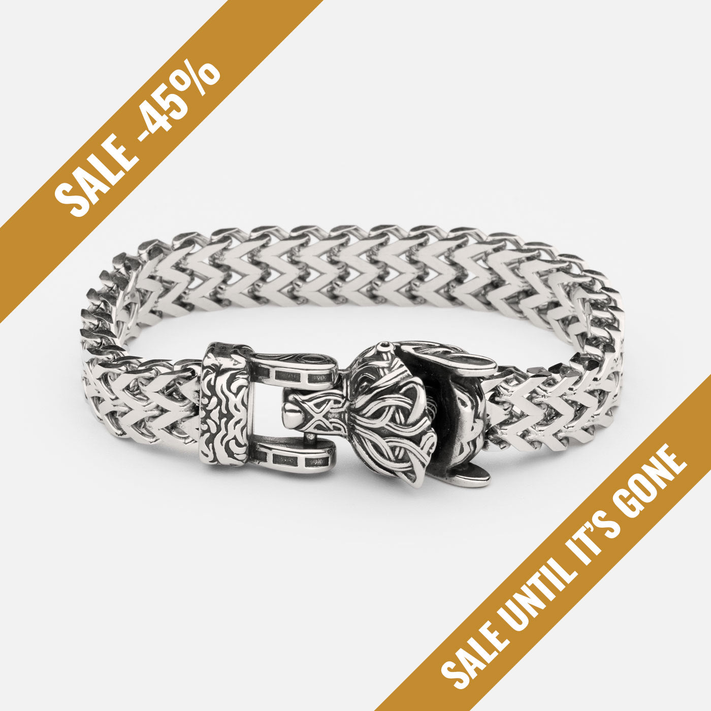 Full view of the stainless steel Fenrir wolf bracelet from Odin Trinkets, featuring an intricately designed wolf head clasp and bold Viking-inspired chain pattern with a sale Banner