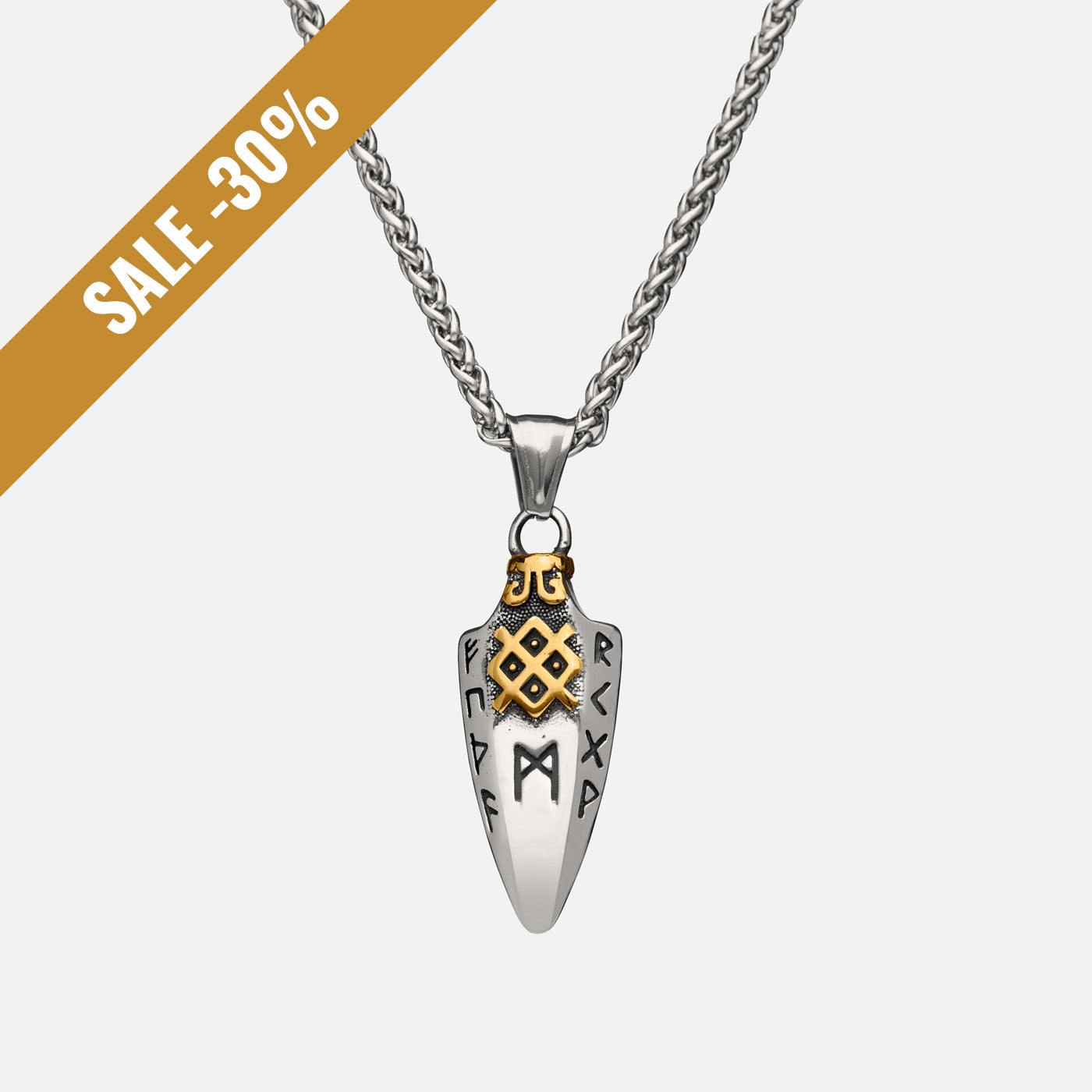 Front view of the stainless steel Gungnir spear pendant in gold and silver from Odin Trinkets, featuring engraved Norse runes and a striking gold-accented engraving inspired by Odin’s legendary weapon with a sale banner.