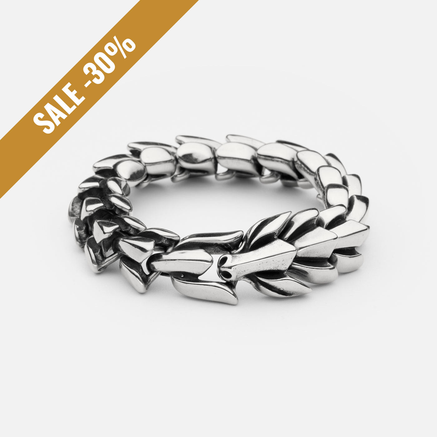 Full view of the stainless steel Jörmungandr bracelet from Odin Trinkets, featuring an intricate serpent-inspired design symbolizing the legendary Norse World Serpent with  a sale banner