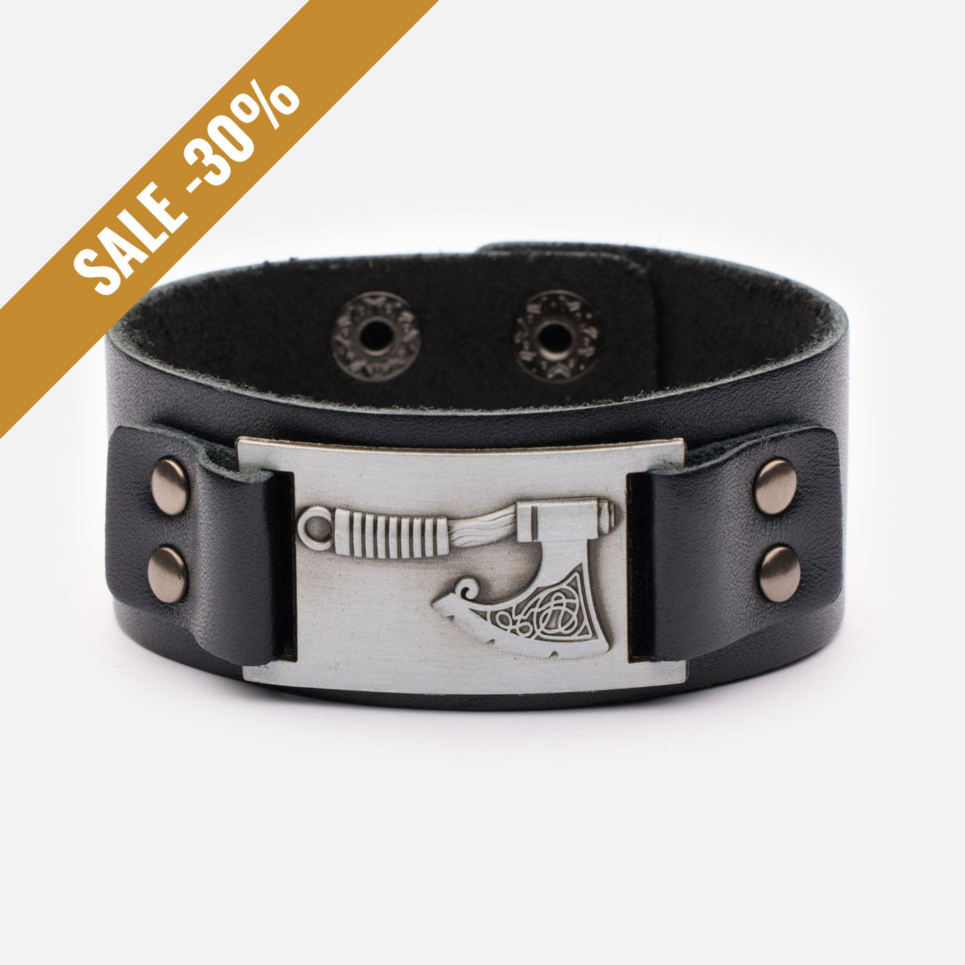 Viking leather bracelet with silver axe plate and black genuine leather strap – front view with a sale banner