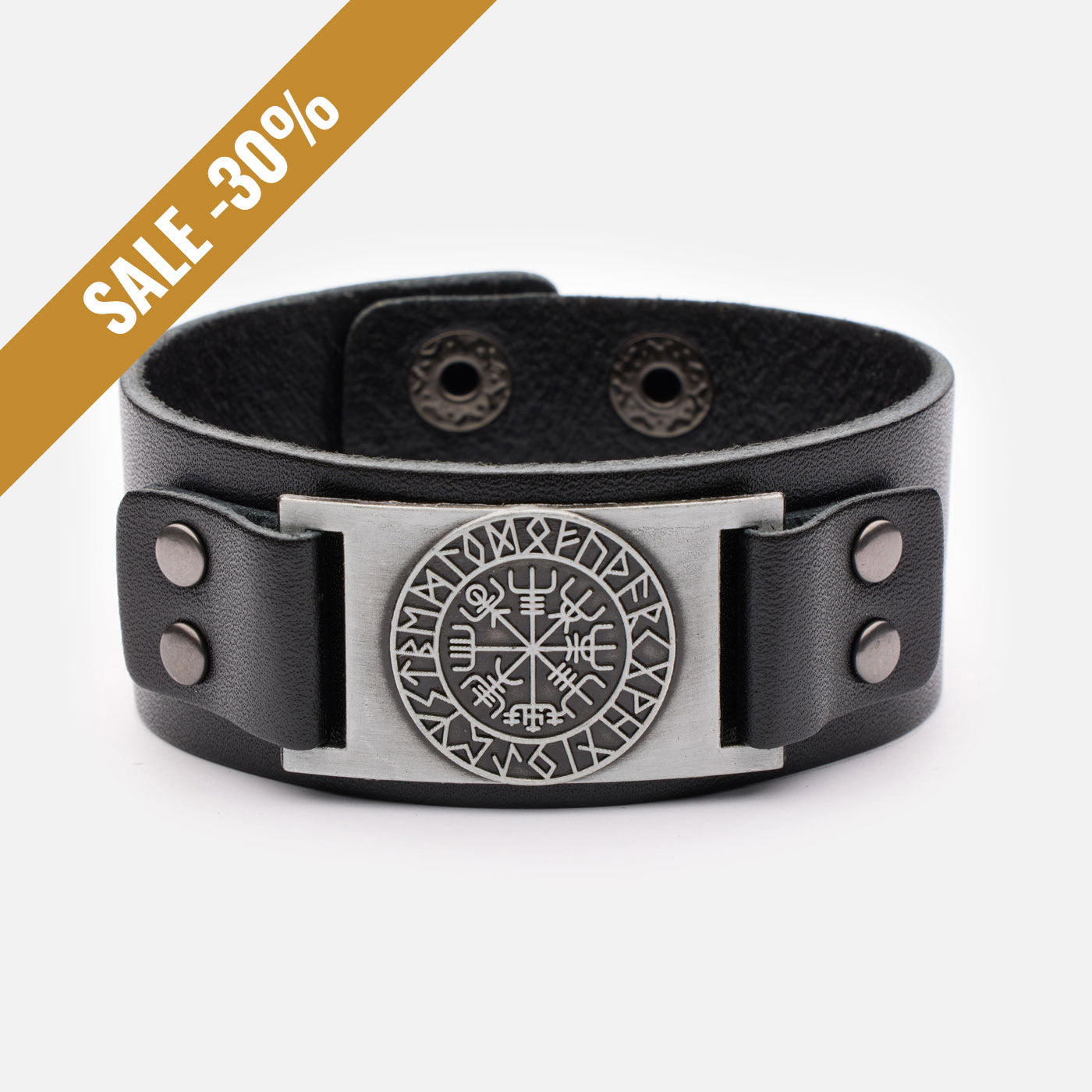 Real leather Viking bracelet in black with Vegvísir compass and rune circle, featuring metal plate and double snap closure. with a sale banner