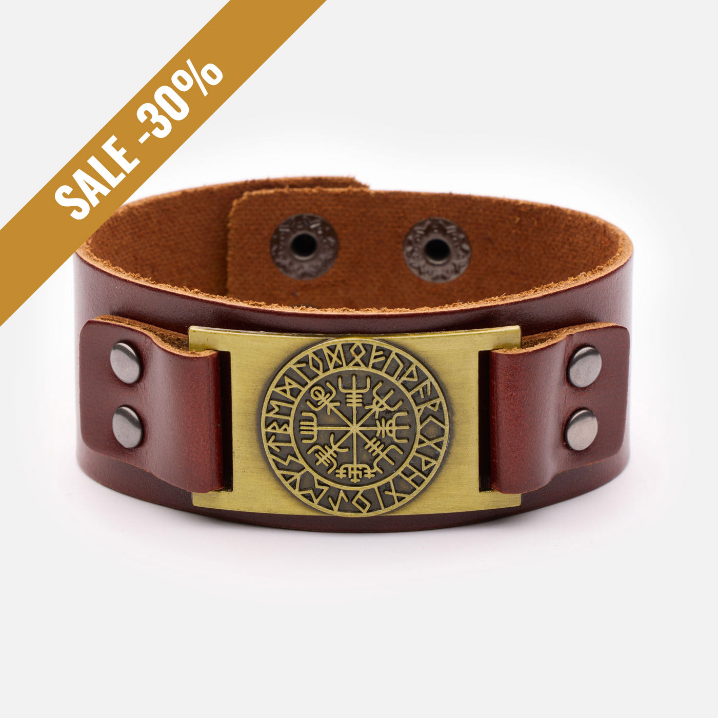 Frontal view of brown leather bracelet with antique bronze Vegvísir compass and rune circle on metal plate. with a sale banner