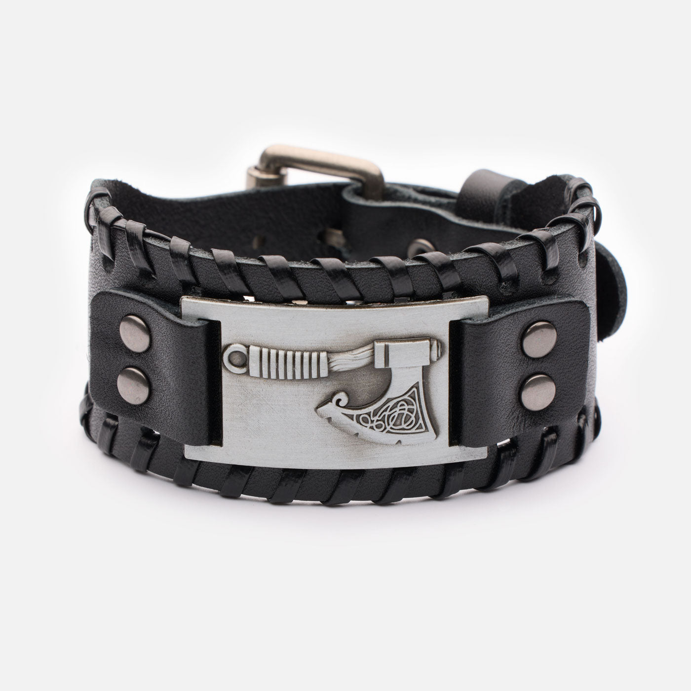 Viking axe bracelet made of black genuine leather with buckle closure and Nordic knotwork 