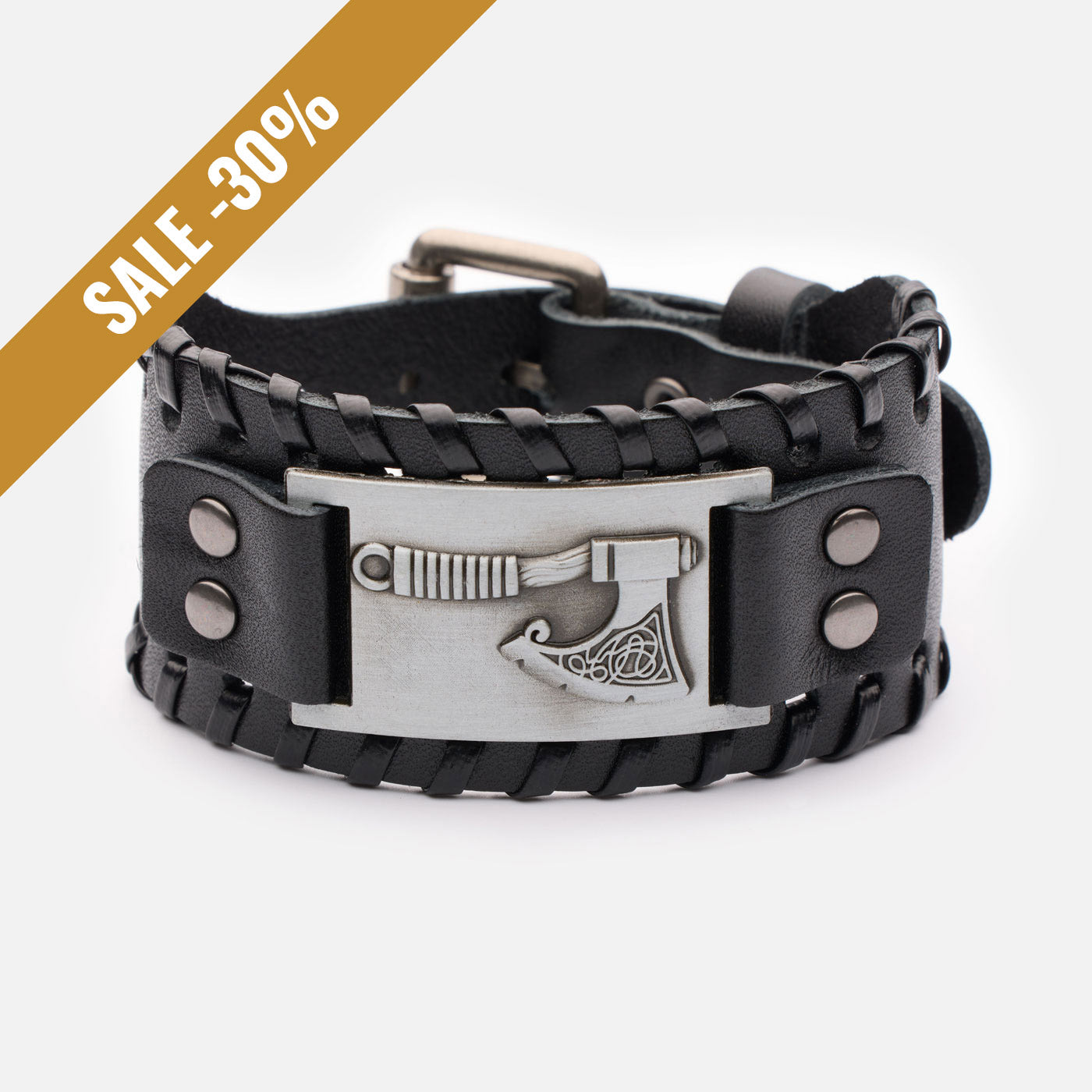 Viking axe bracelet made of black genuine leather with buckle closure and Nordic knotwork with a sale banner
