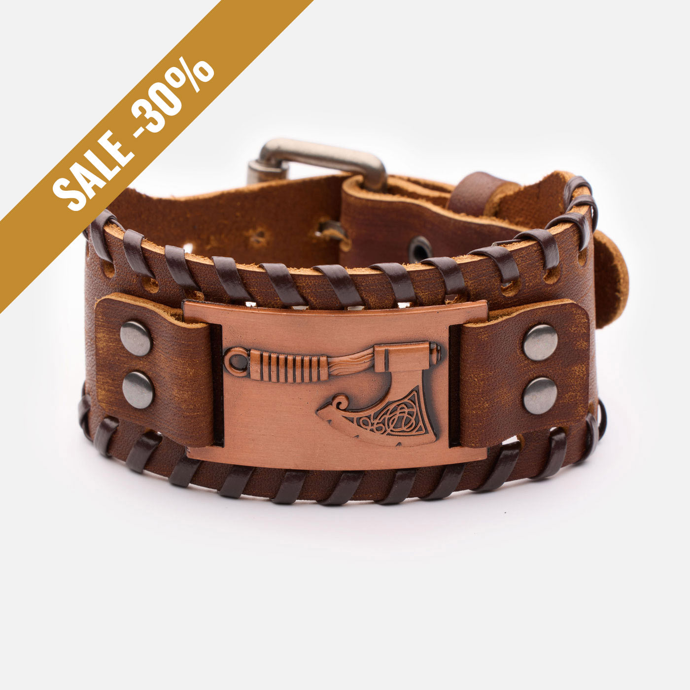 Viking axe bracelet made of brown genuine leather with copper plate and buckle closure with a sale banner