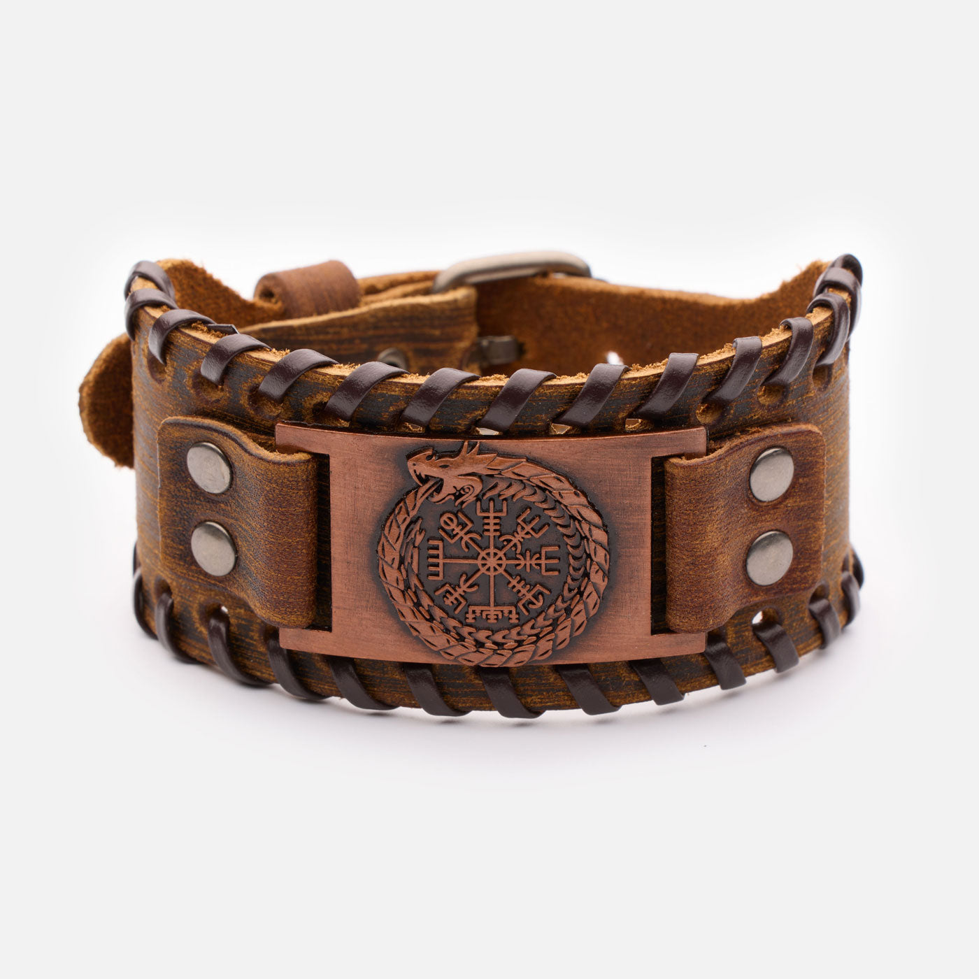 Brown leather Viking wristband with Vegvísir compass and Jormungandr motif on bronze plate – front view