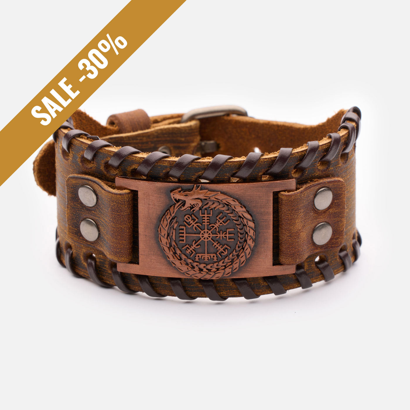 Brown leather Viking wristband with Vegvísir compass and Jormungandr motif on bronze plate – front view with a sale banner