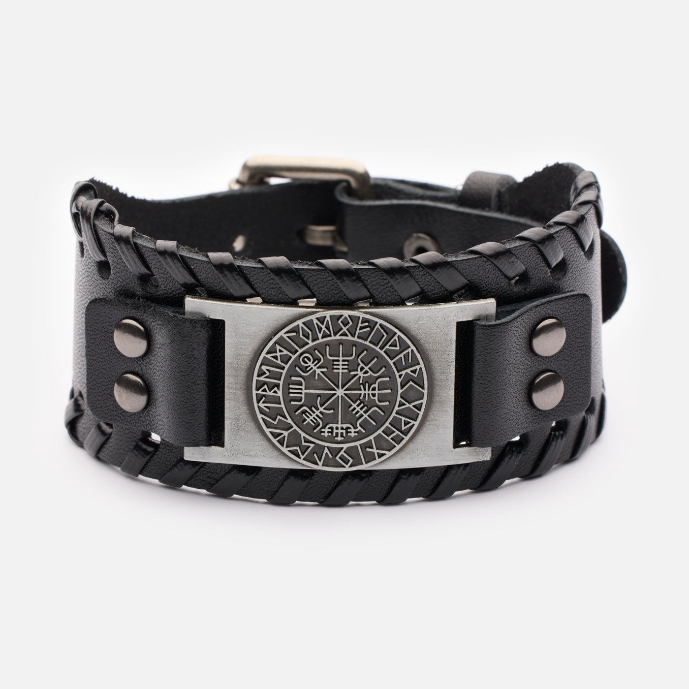 Black leather Viking bracelet with Vegvísir compass symbol – front view of Norse-themed wristband with metal plate and runic design.