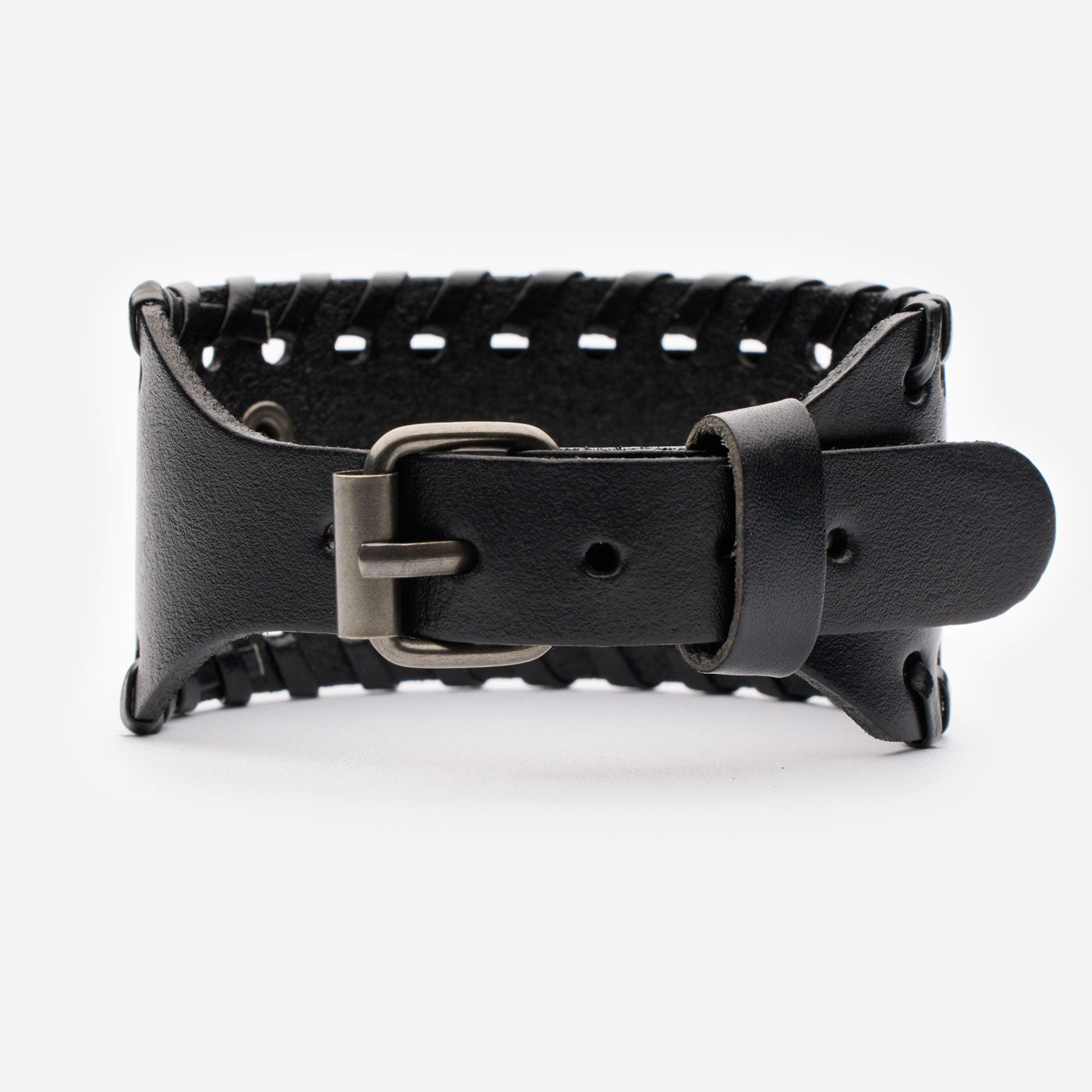 Side view of Viking leather bracelet buckle – handcrafted stitching and adjustable strap with antique metal finish.