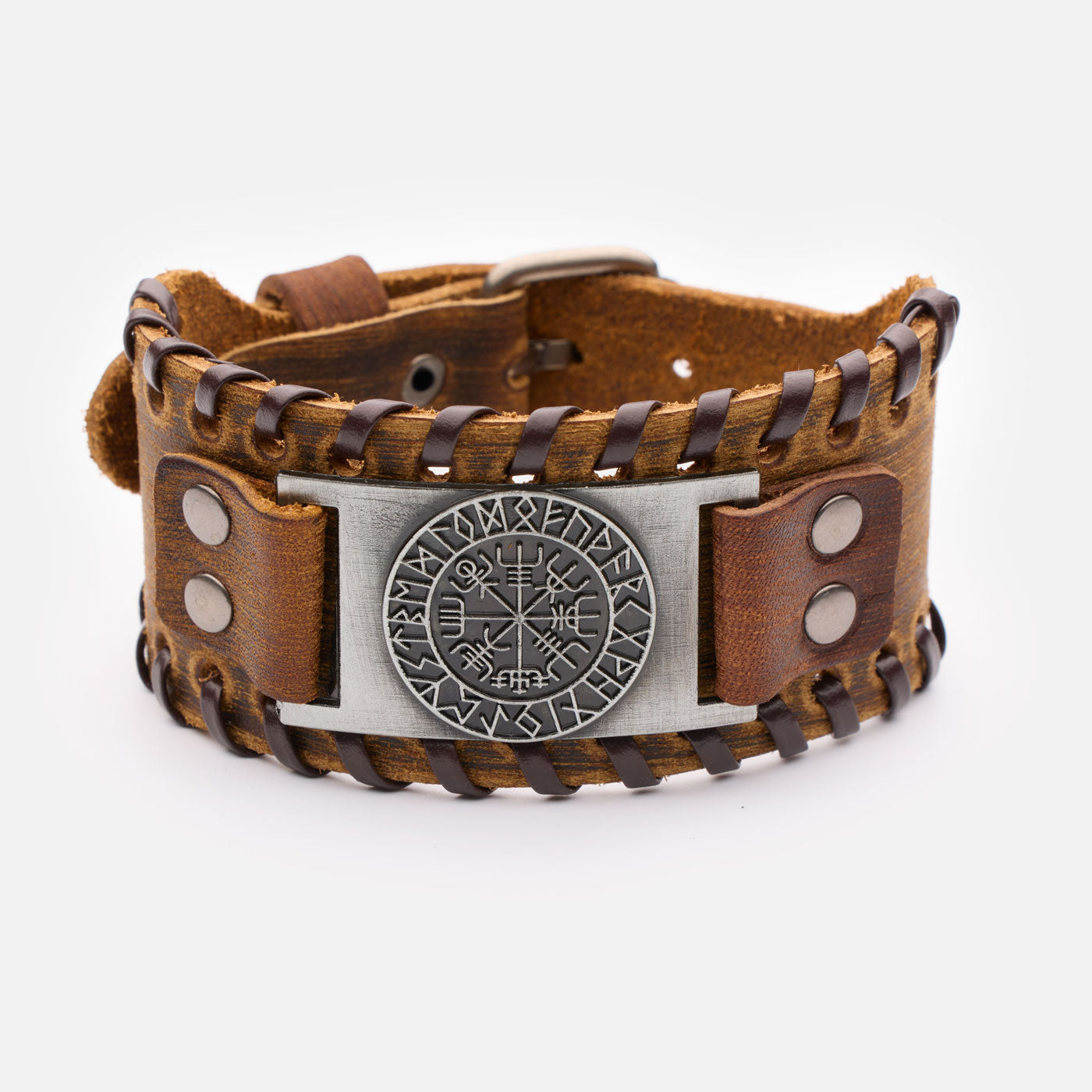 Brown Viking leather bracelet with Vegvisir compass and rustic stitching, front view
