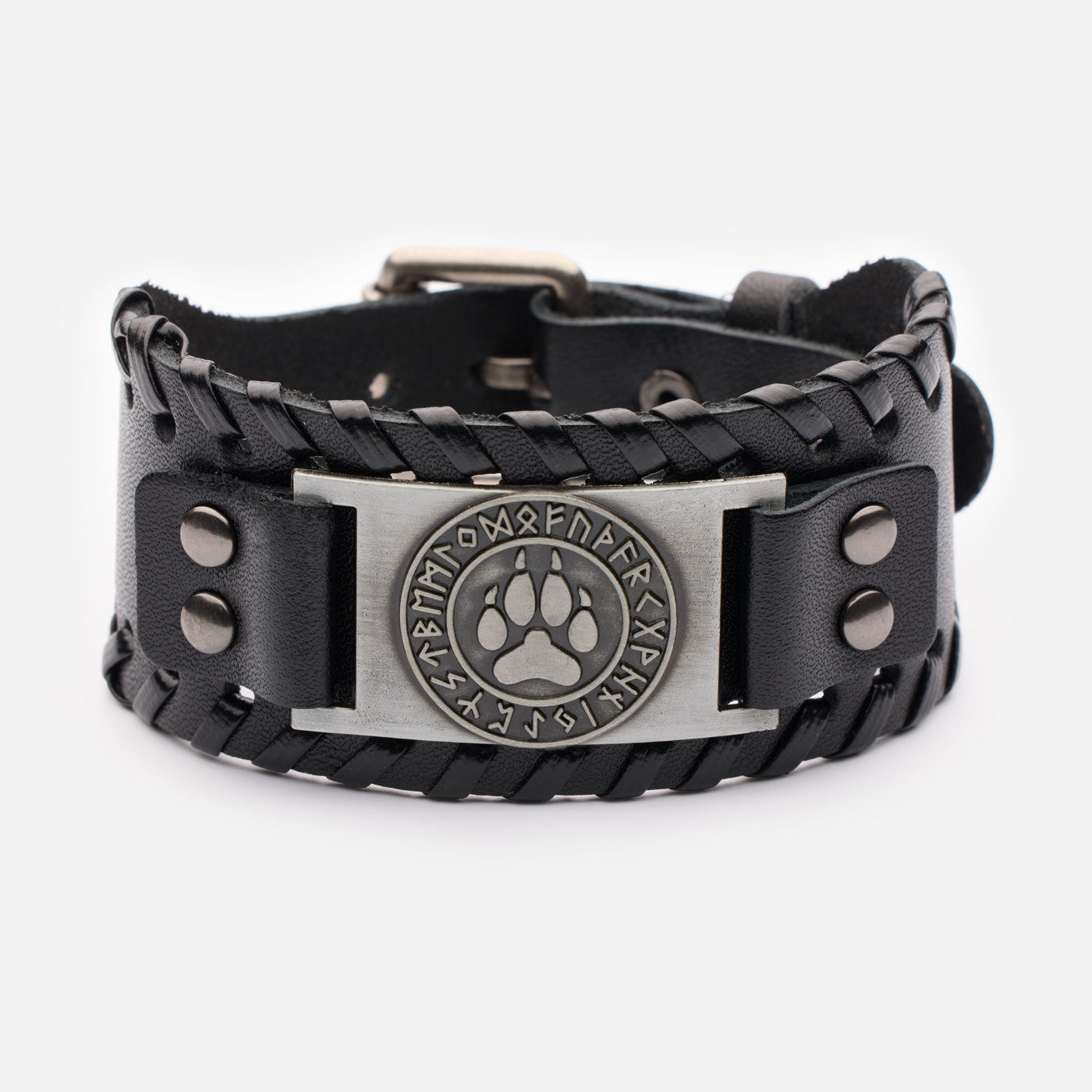 Black leather Viking buckle with bear paw and Elder Futhark runes – handcrafted Norse accessory