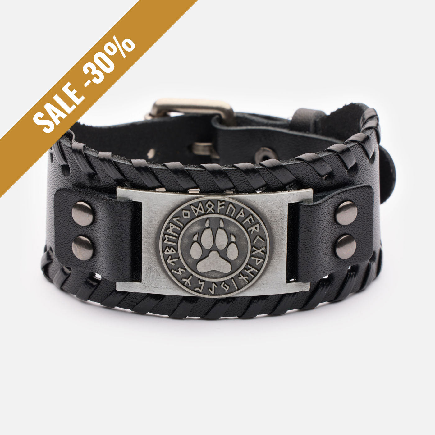 Black leather Viking buckle with bear paw and Elder Futhark runes – handcrafted Norse accessory with sale banner