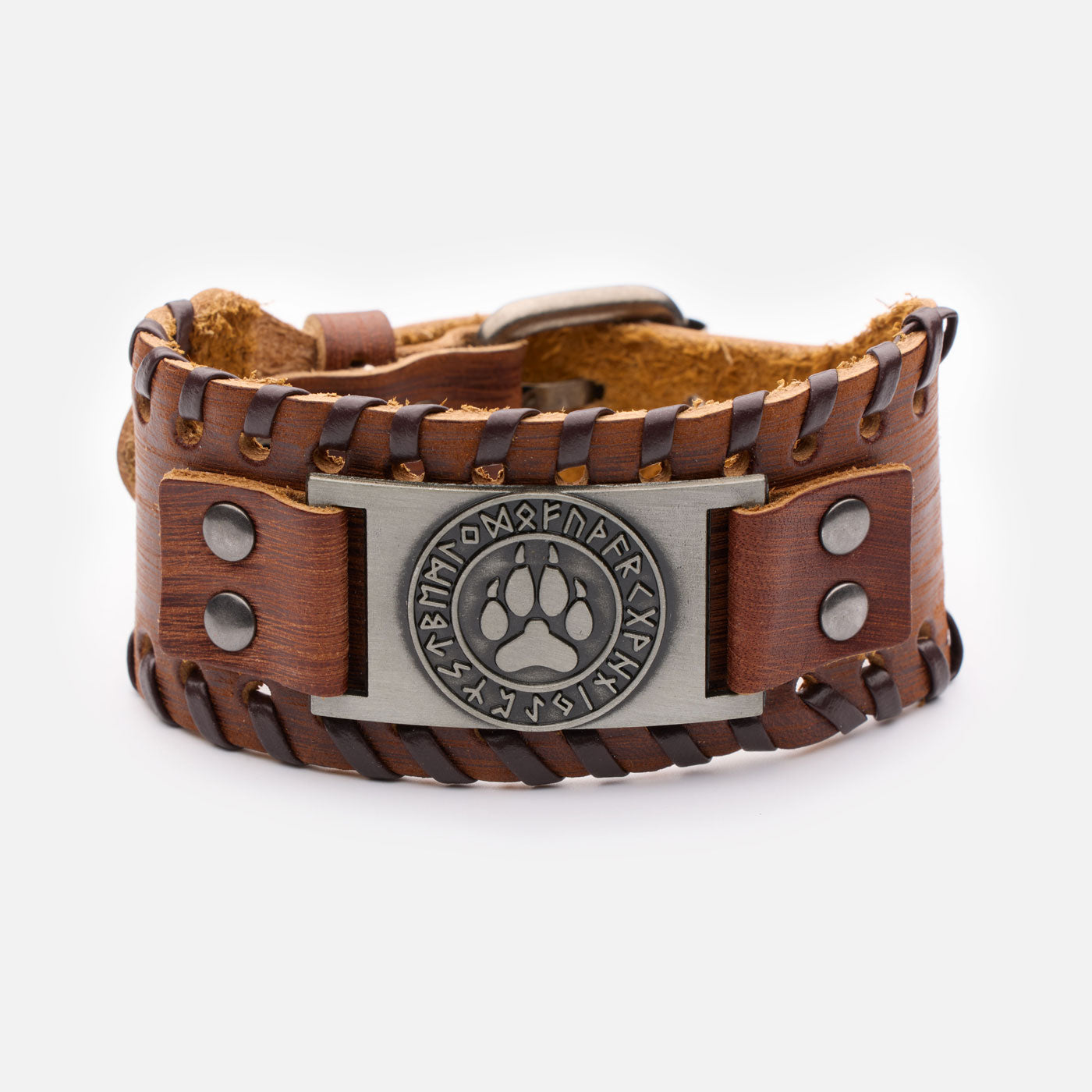 Brown leather Viking bracelet with bear paw and Elder Futhark runes on bronze plate – front view