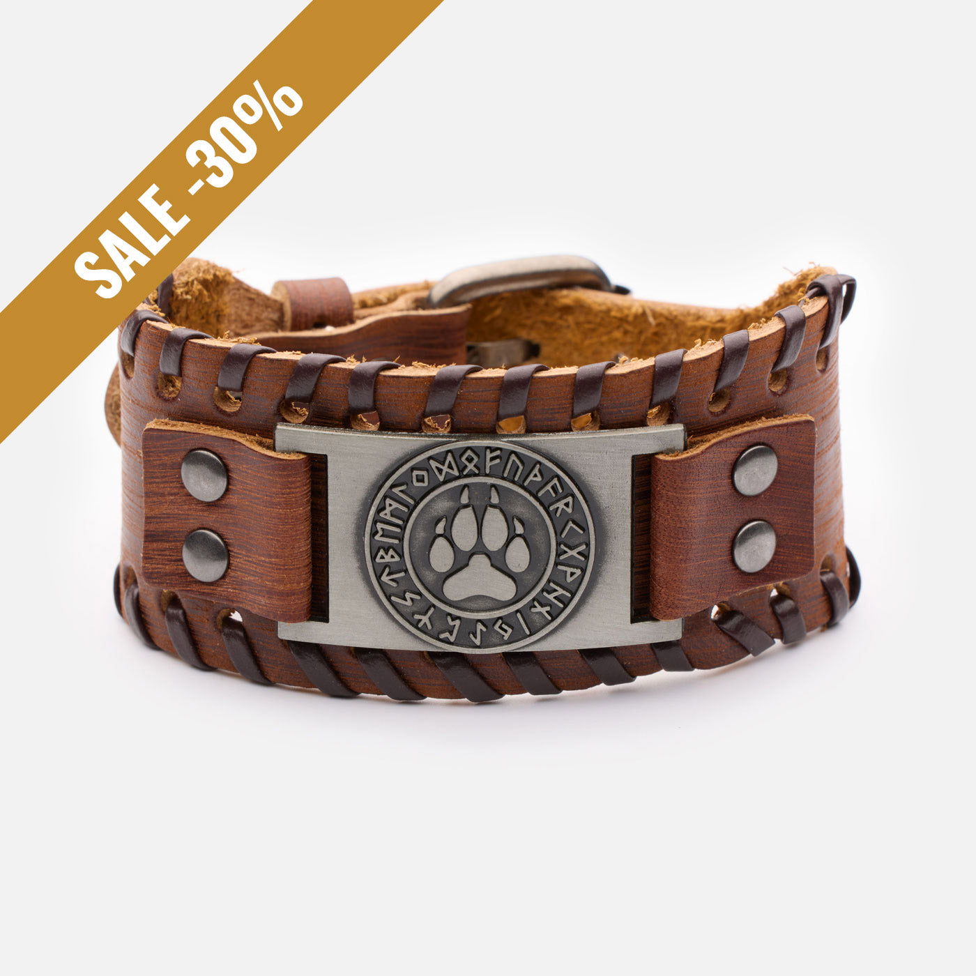 Brown leather Viking bracelet with bear paw and Elder Futhark runes on bronze plate – front view