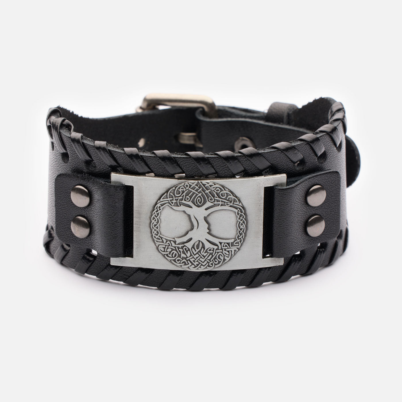Viking leather bracelet with Yggdrasil symbol and black lacing – handcrafted black version