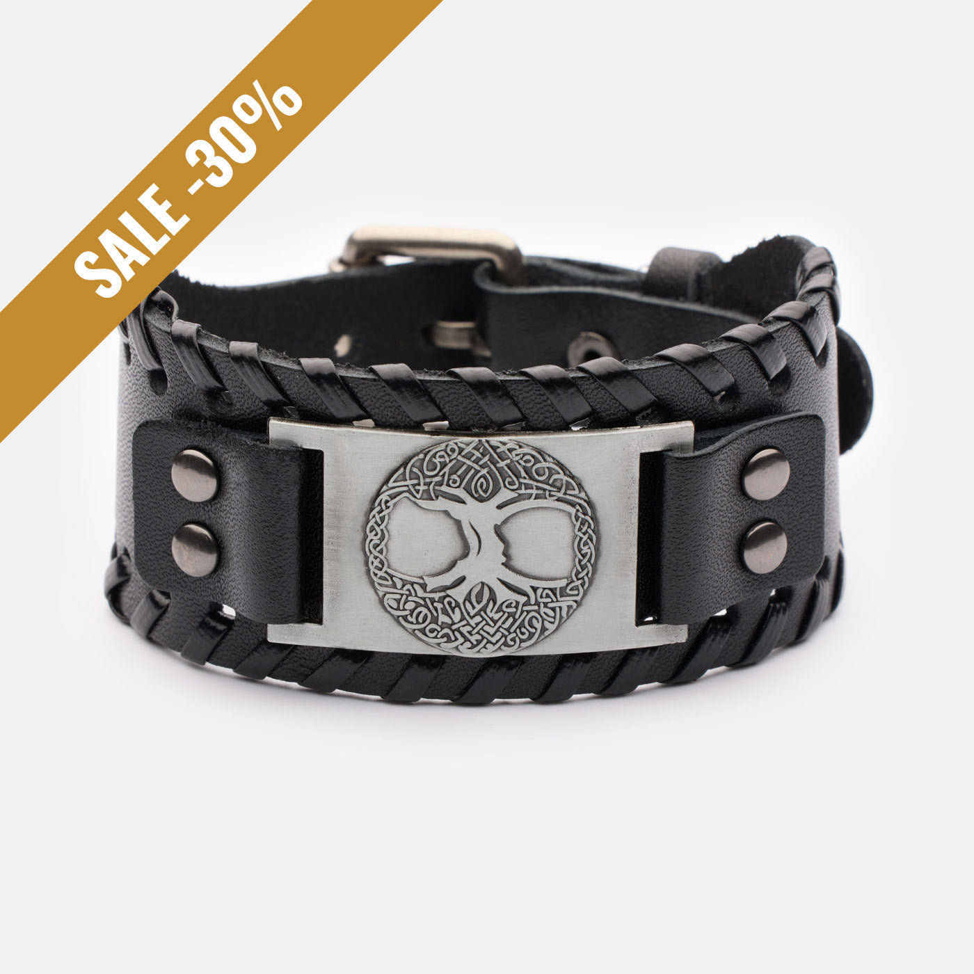 Viking leather bracelet with Yggdrasil symbol and black lacing – handcrafted black version with a sale banner