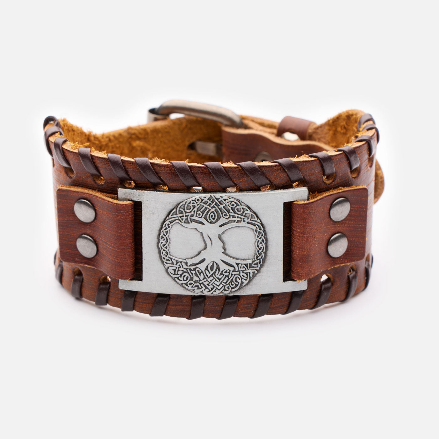 Yggdrasil Viking bracelet in genuine brown leather with antique finish and detailed symbol