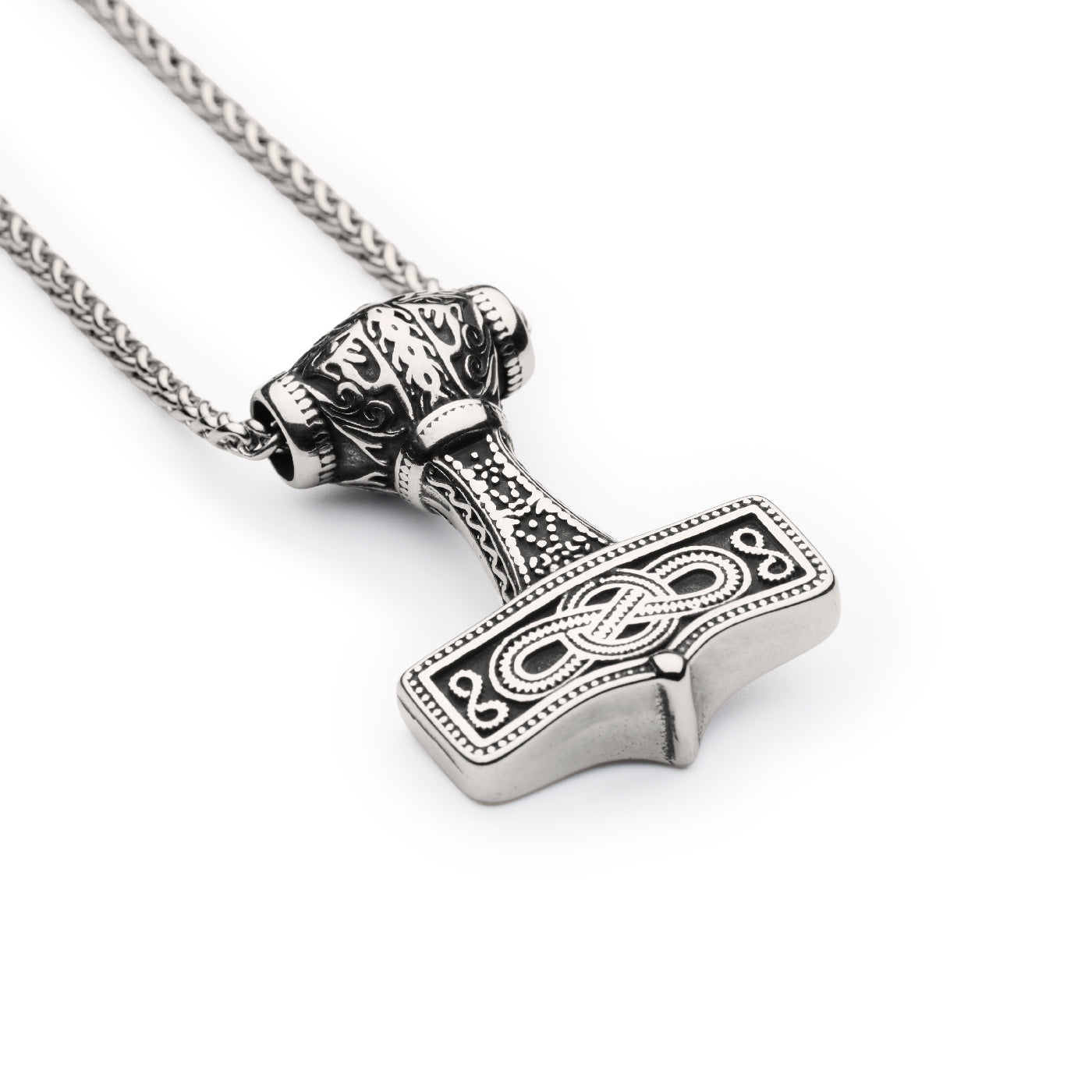 Silver hammer-shaped pendant on a chain against a white background