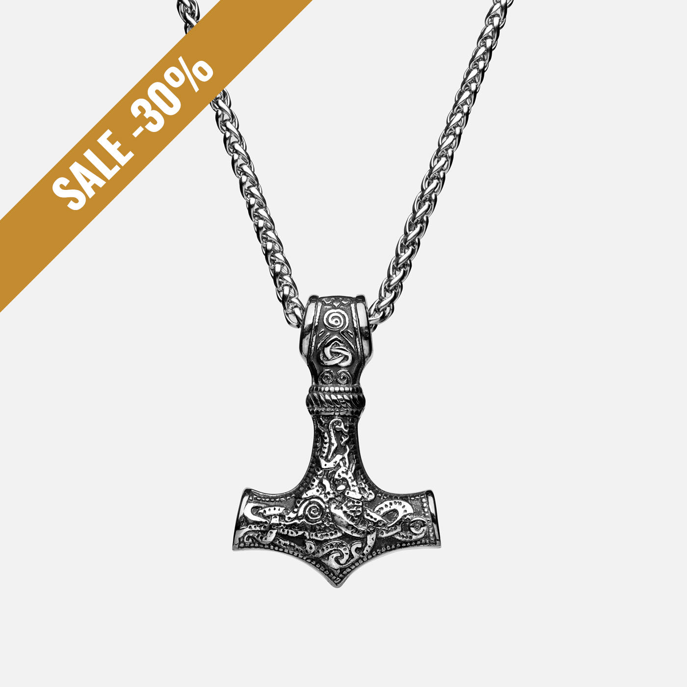 Front view of the stainless steel Mjölnir pendant in silver from Odin Trinkets, featuring intricate Viking engravings and a simple yet bold chain, symbolizing Thor’s legendary hammer with a sale banner