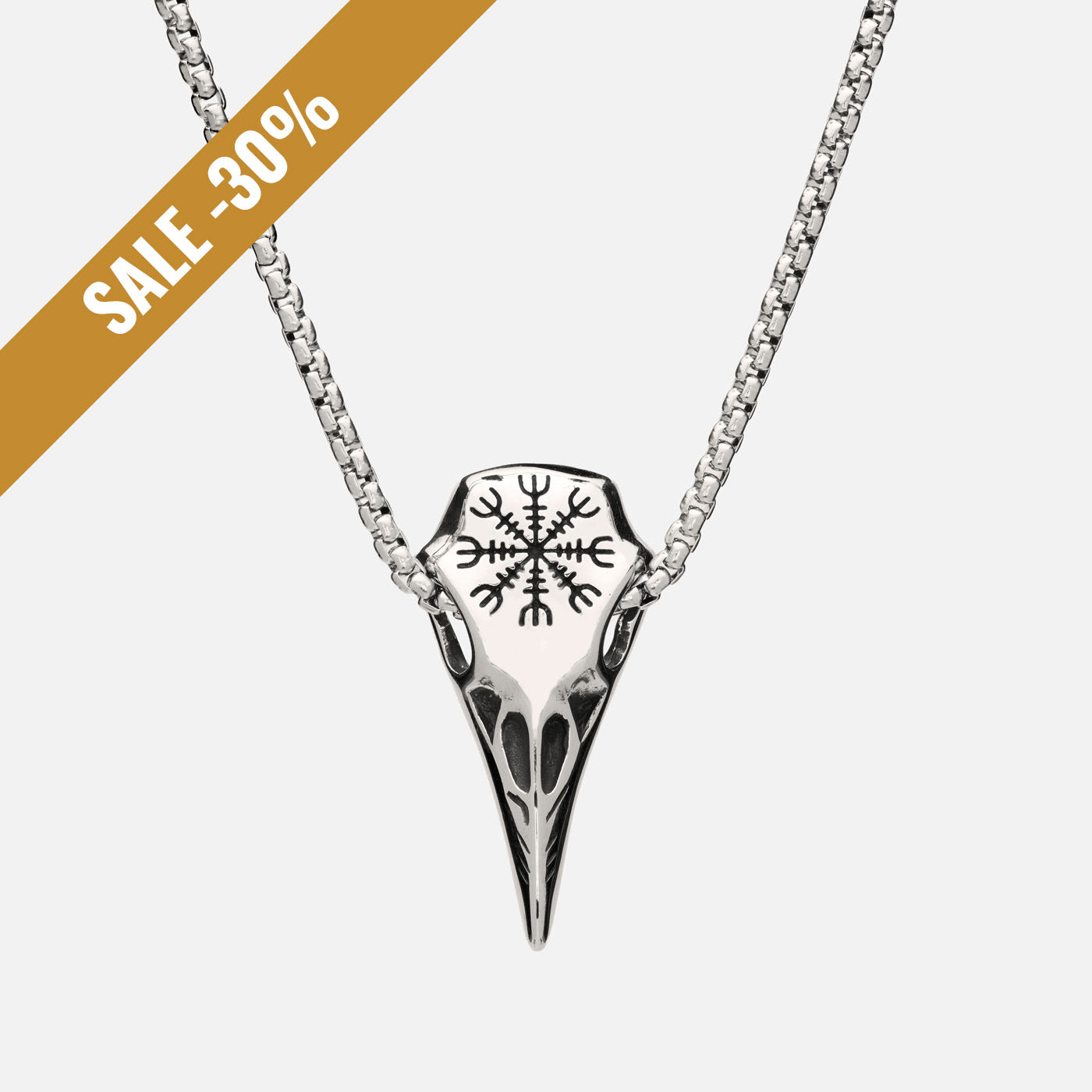 Silver raven skull necklace with Helm of Awe symbol on box chain – Norse Viking jewelry with a sale banner