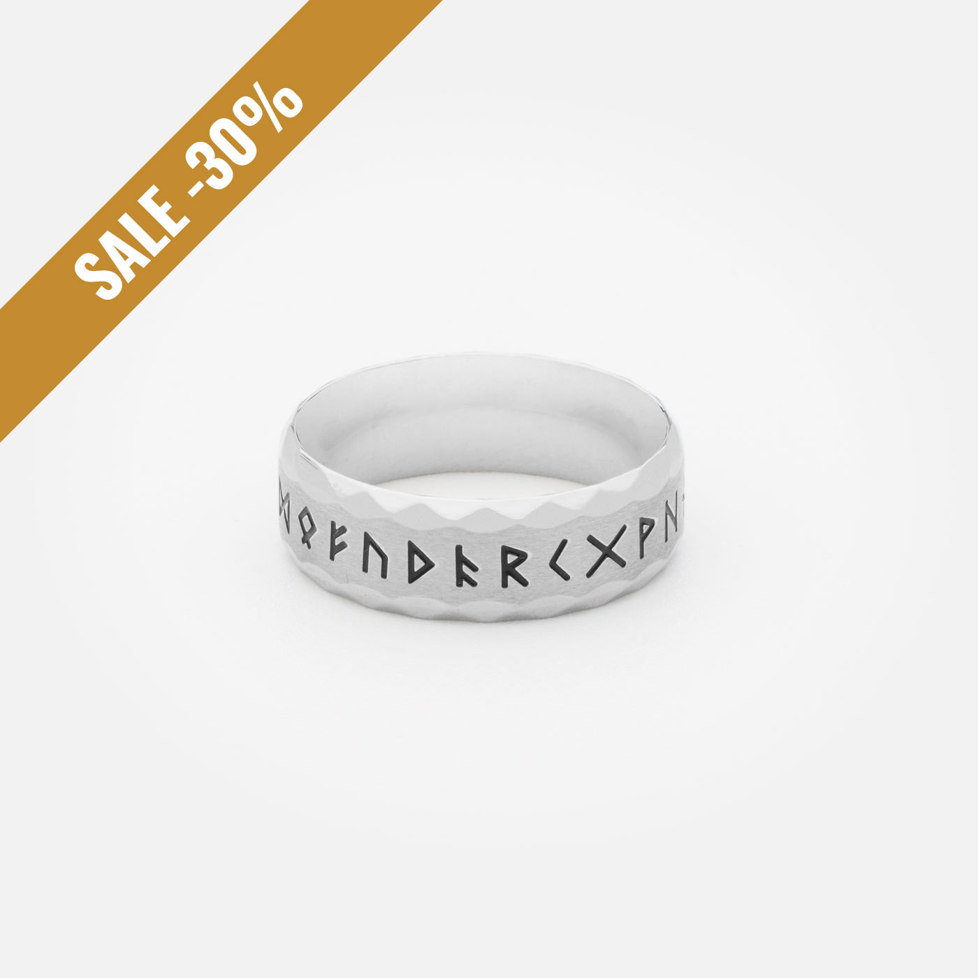 Silver Viking Rune Ring – Polished stainless steel ring with a sleek silver finish, engraved with the full Elder Futhark runic alphabet, representing Norse wisdom and protection with a sale banner