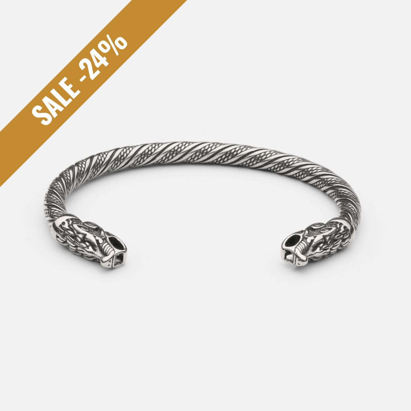 Wolf bracelet with intricate twisted design, featuring two detailed wolf heads at either end. Made of high-quality stainless steel, this piece exudes a fierce, mythical aura, capturing the power and symbolism of the wolf in Norse mythology with a sale banner