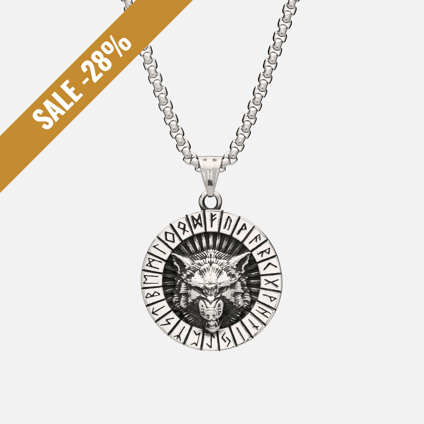 Front view of Norse wolf pendant featuring snarling wolf head and Elder Futhark runes, hanging from box chain necklace. with a sale banner