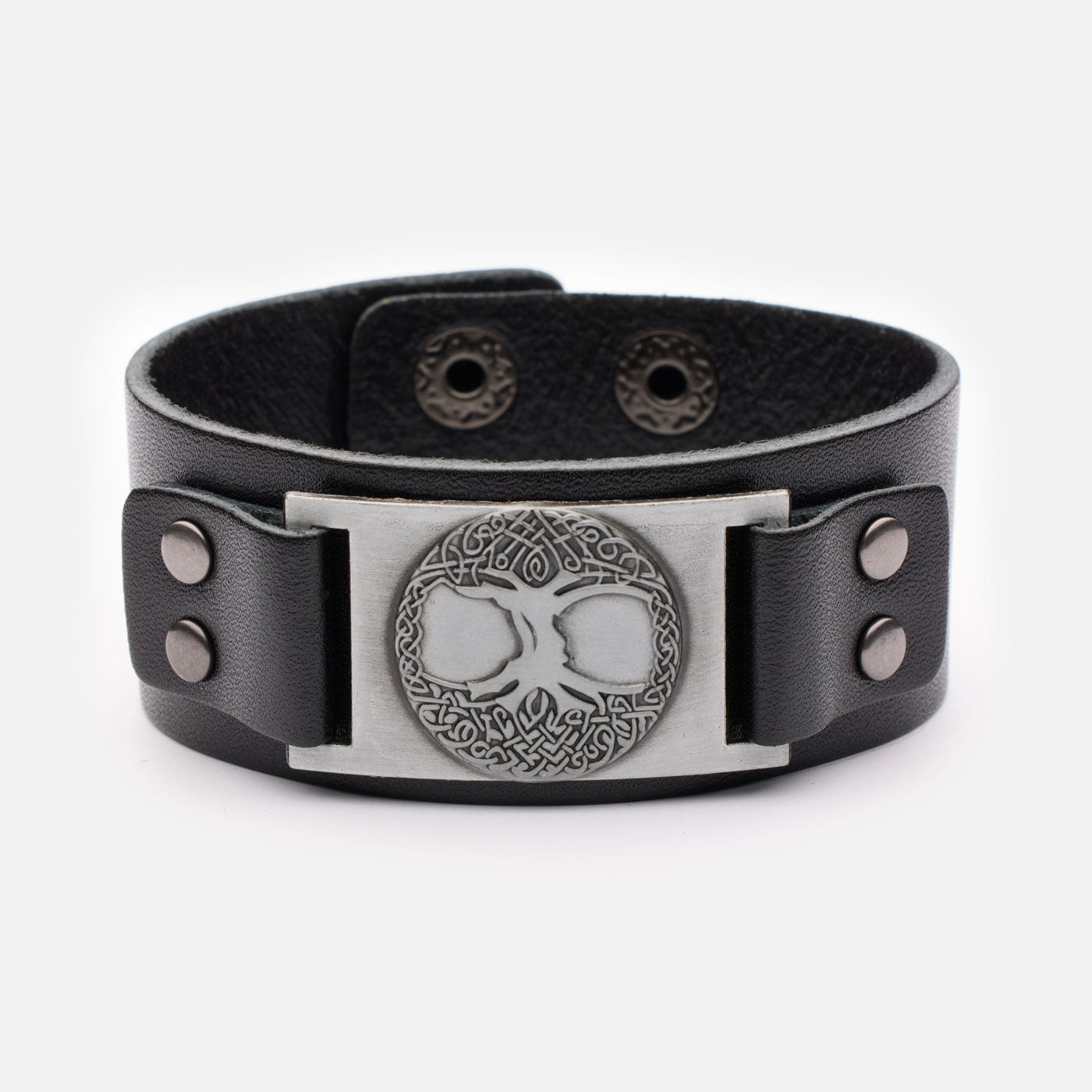 Yggdrasil leather bracelet in black with silver plate and Viking tree of life design
