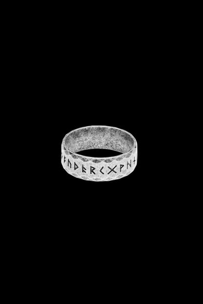 A retro-style stainless steel rune ring with a gray finish, referred to as the "Retro" variation, showcasing the engraved Elder Futhark alphabet. The textured surface complements the ancient Norse aesthetic.