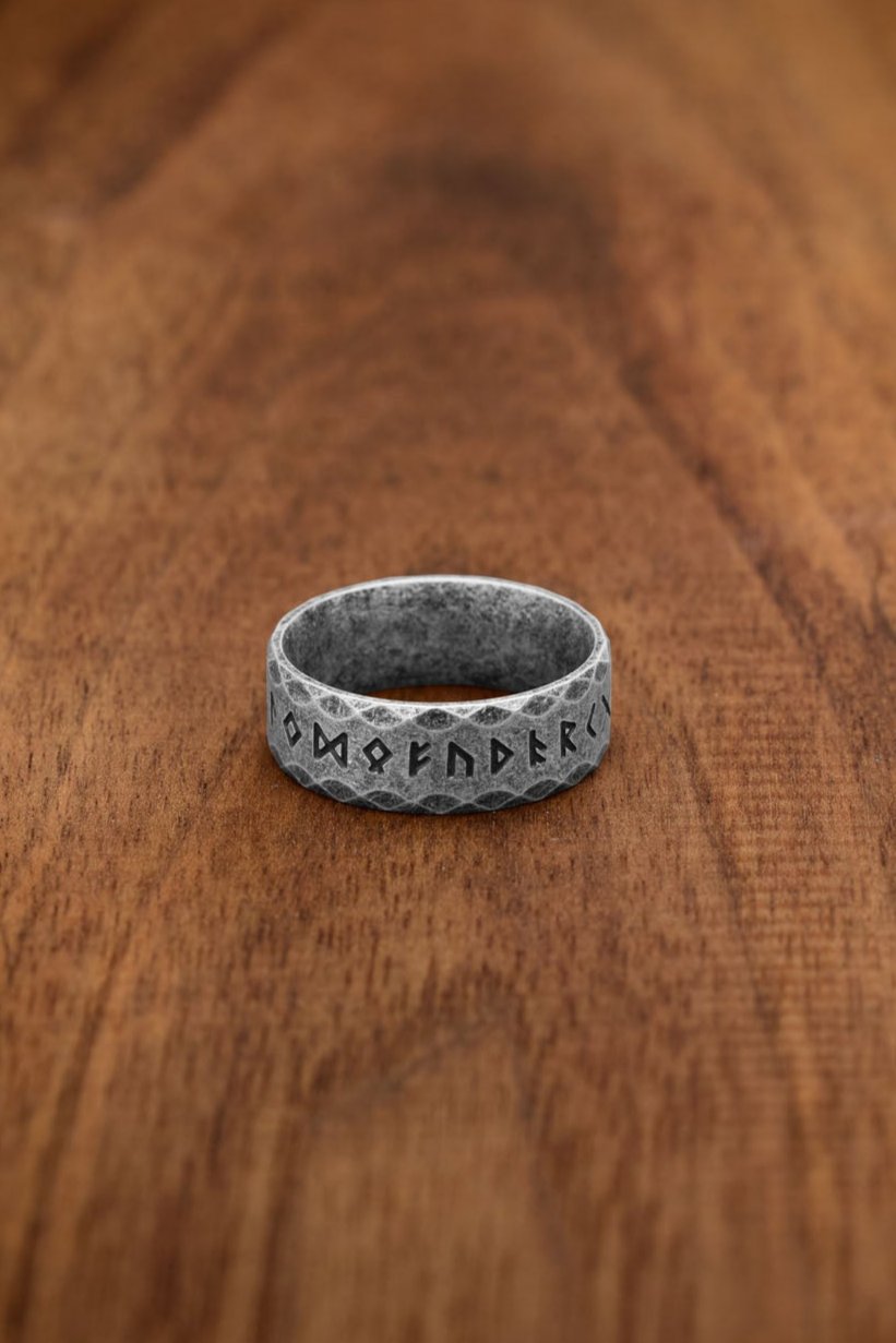  A gray stainless steel rune ring labeled as the "Retro" variation, featuring engraved Elder Futhark runes along its band. The textured surface adds a rugged and timeless aesthetic, complementing the Norse-inspired design.